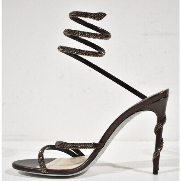 Rene Caovilla Margot Brown Crystal Snake Ankle Wrap Strap Sandal Heel Pump 38 - Picture 8 of 12